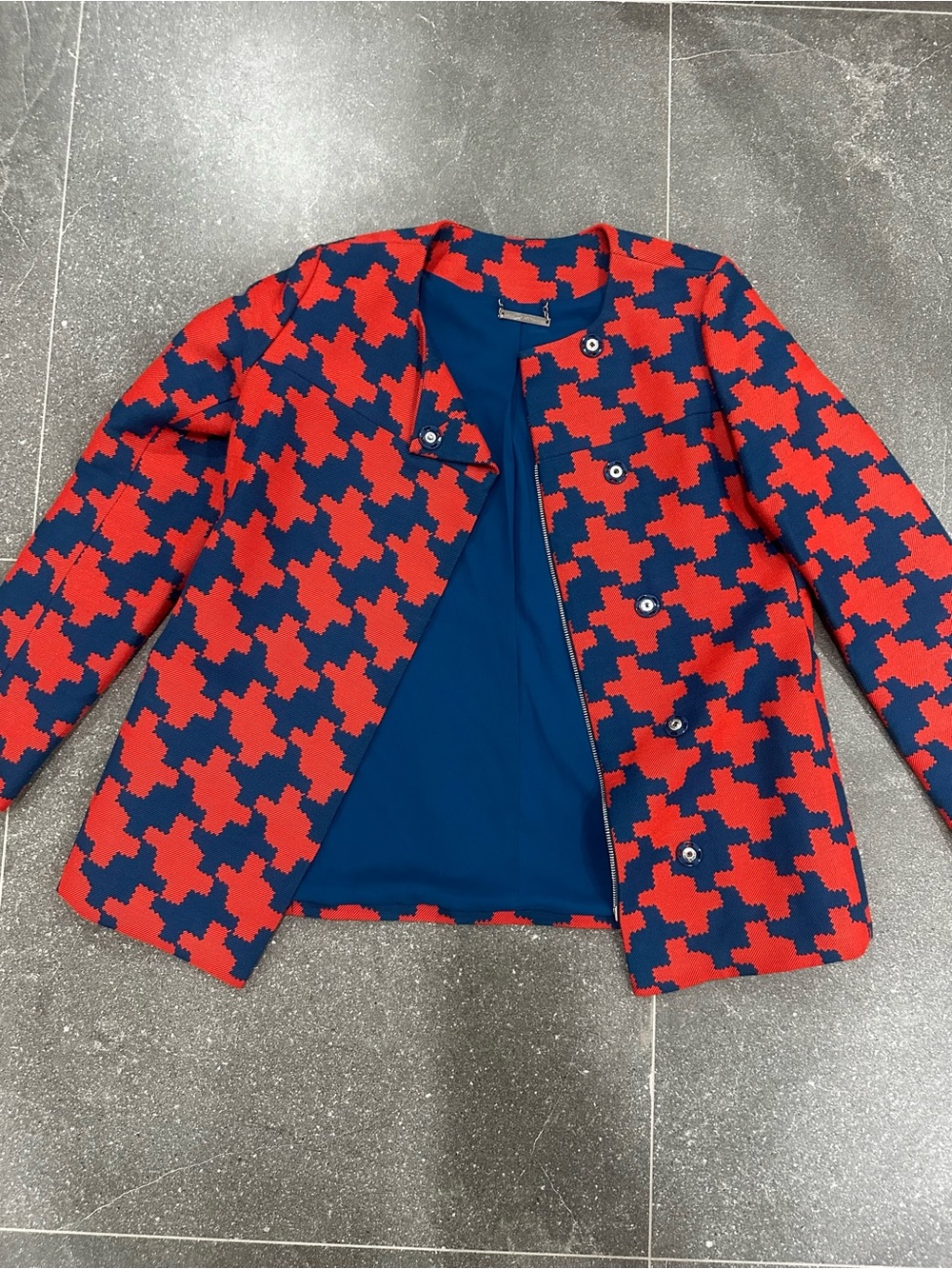 Diane von Furstenberg DVF Red Navy Houndstooth Jacquard Jacket Size 4